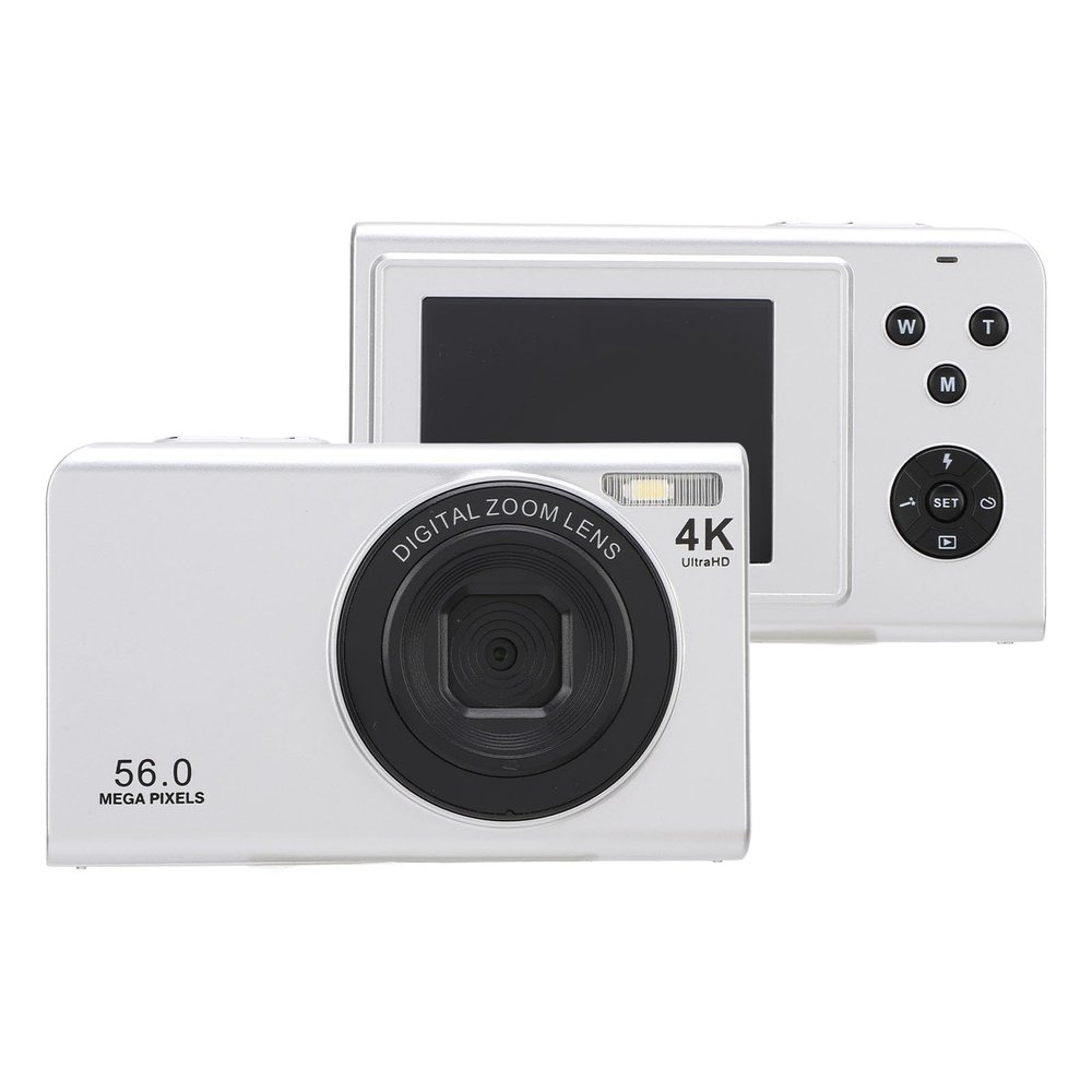 4K Digital Camera, 56MP 16x Digital Zoom Autofocus Compact Camera, 2.4 Inch Portable Vlogging Camera with Fill Light for Travel, Students (Silver)
