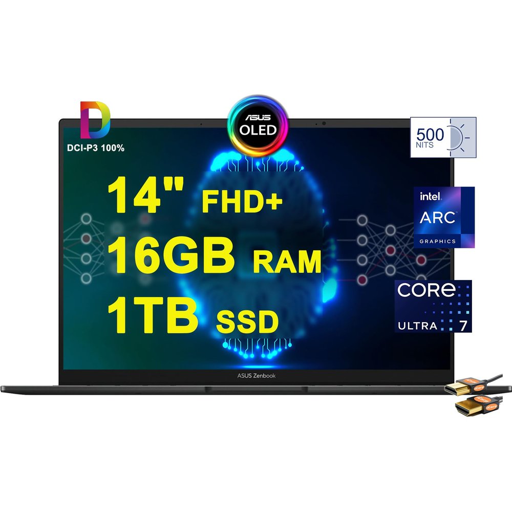 ASUS Zenbook 14 OLED Copolit AI PC Laptop 14" FHD+ Lumina OLED Touch (500nits, 100% DCI-P3, Glossy) Intel 16-core Ultra 7 155H 16GB RAM 1TB SSD Backlit Thunderbolt Harman/kardon Win11 + HDMI Cable