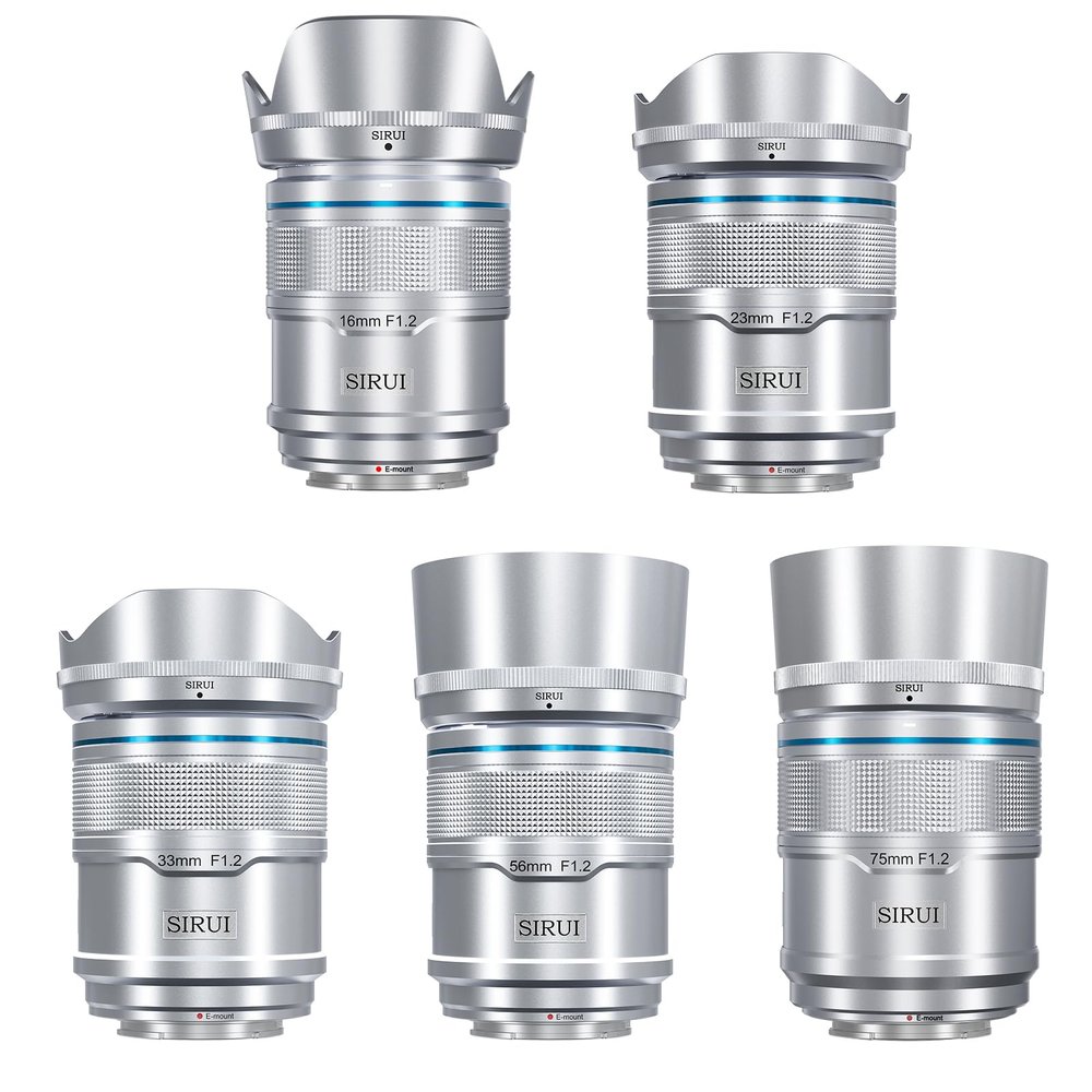 SIRUI Sniper 16mm, 23mm, 33mm, 56mm, 75mm Autofocus Lens Set, F1.2 Wide Angle APS-C Camera Lens (E Mount, Silver)
