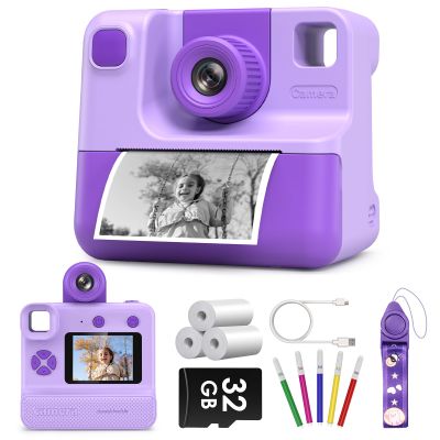 Kids Camera Instant Print, Christmas Birthday Gifts for Toddle Girls Boys Age 3-12, 24MP & 1080P Video Selfie Digital Camera with 3 Roll No-Ink Print Paper 32G SD Card - Purple