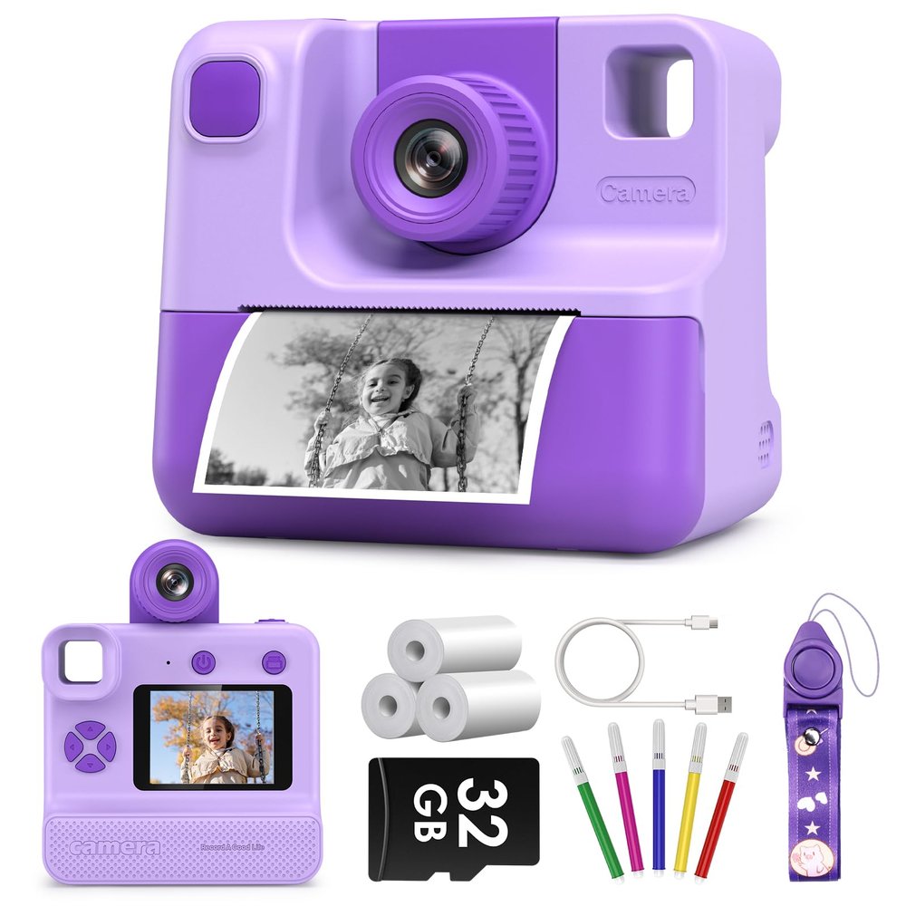 Kids Camera Instant Print, Christmas Birthday Gifts for Toddle Girls Boys Age 3-12, 24MP & 1080P Video Selfie Digital Camera with 3 Roll No-Ink Print Paper 32G SD Card - Purple