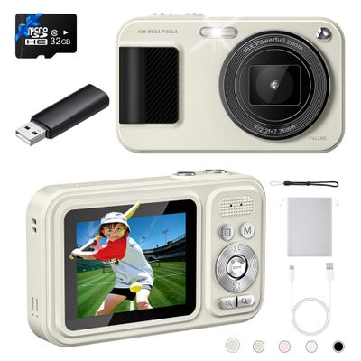 FHD 1080P 48MP Kids Camera, Autofocus Point and Shoot Digital Camera with 32GB Card, 16X Zoom Anti-Shake, Compact Small Camera with 1500mAH Built-in Batteries for Boys and Girls