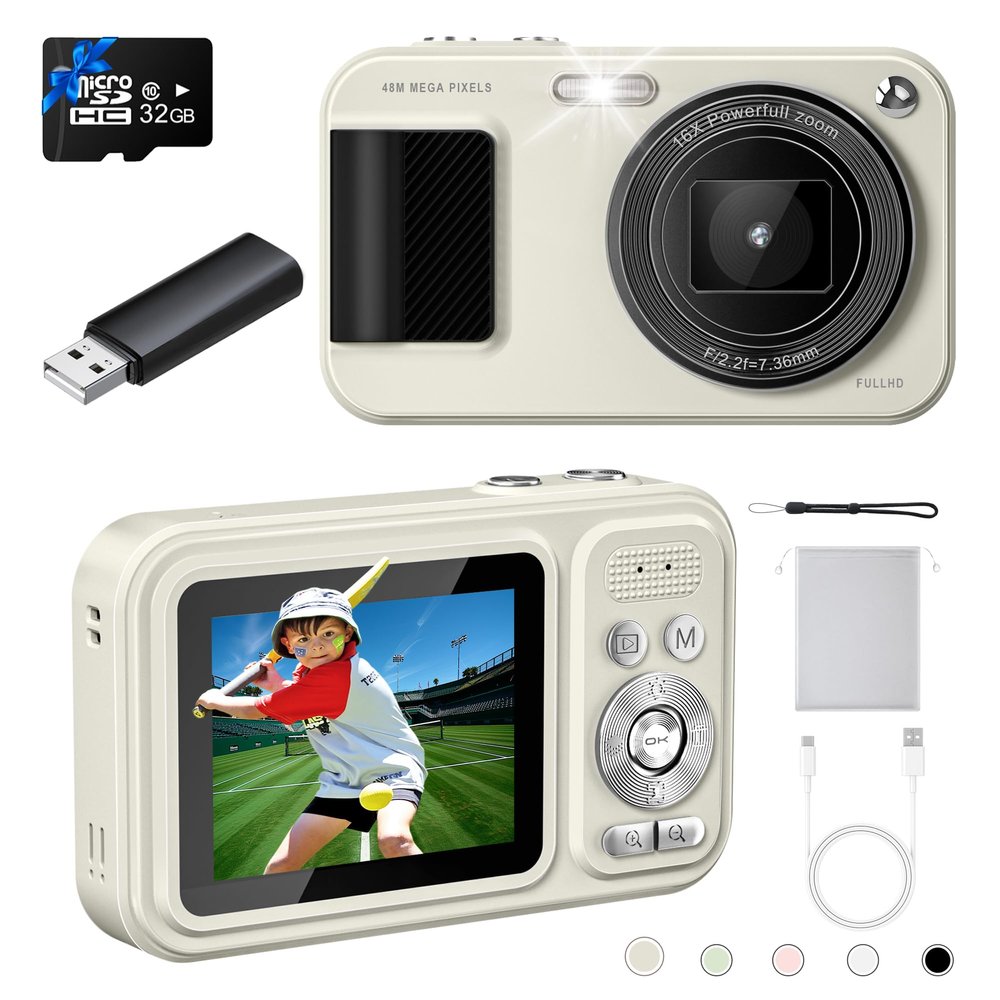 FHD 1080P 48MP Kids Camera, Autofocus Point and Shoot Digital Camera with 32GB Card, 16X Zoom Anti-Shake, Compact Small Camera with 1500mAH Built-in Batteries for Boys and Girls