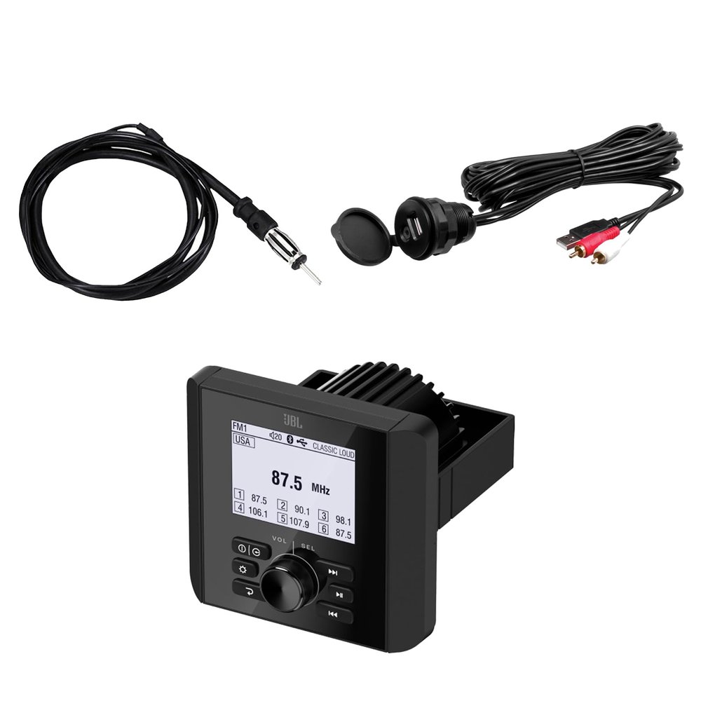 Bluetooth AM/FM Radio IP66 Multi-Element Digital Media Marine Audio Receiver Bundle Combo With Auxiliary Interface Adapter, 40" Black Antenna