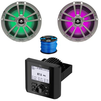 Bluetooth AM/FM Radio IP66 Multi-Element Digital Media Marine Audio Receiver Bundle Combo with 1 Pair (Qty 2) of 6.5" 225 Watt Waterproof Coaxial RGB LED Titanium Boat Speakers, Speaker Wire