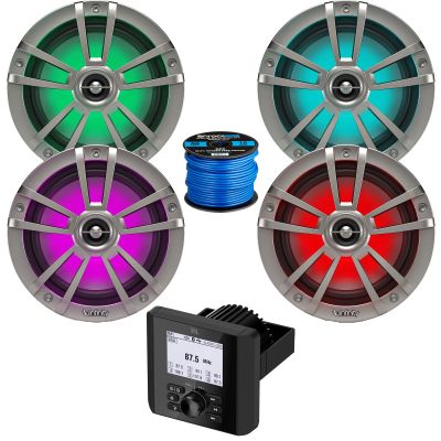Bluetooth AM/FM Radio IP66 Multi-Element Digital Media Marine Audio Receiver Bundle Combo with 2 Pair (Qty 4) of 6.5" 225 Watt Waterproof Coaxial Boat RGB LED Titanium Speakers, Speaker Wire