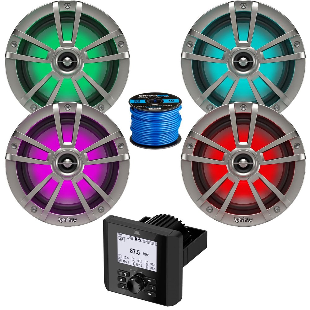 Bluetooth AM/FM Radio IP66 Multi-Element Digital Media Marine Audio Receiver Bundle Combo with 2 Pair (Qty 4) of 6.5" 225 Watt Waterproof Coaxial Boat RGB LED Titanium Speakers, Speaker Wire