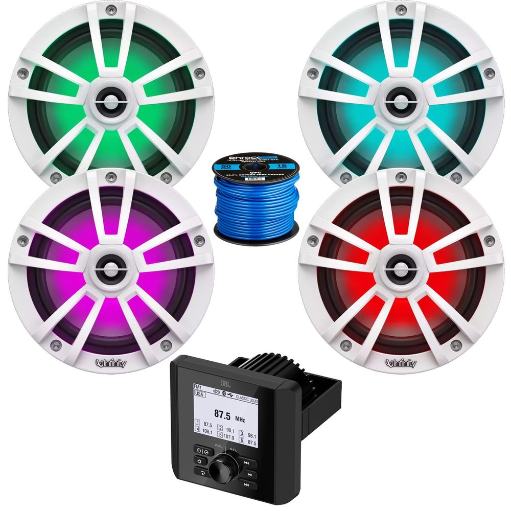 Bluetooth AM/FM Radio IP66 Multi-Element Digital Media Marine Audio Receiver Bundle Combo with 2 Pair (Qty 4) of 6.5" 225 Watt Waterproof Coaxial RGB LED White Boat Speakers, Speaker Wire