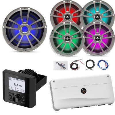 Bluetooth Radio Multi-Element Digital Media Marine Audio Receiver, 4X 6.5 225 Watt Waterproof Boat Titanium RGB LED Coaxial Speakers, 10" Multi-Element RGB LED Titanium Subwoofer, 5-Channel Amp W/Kit