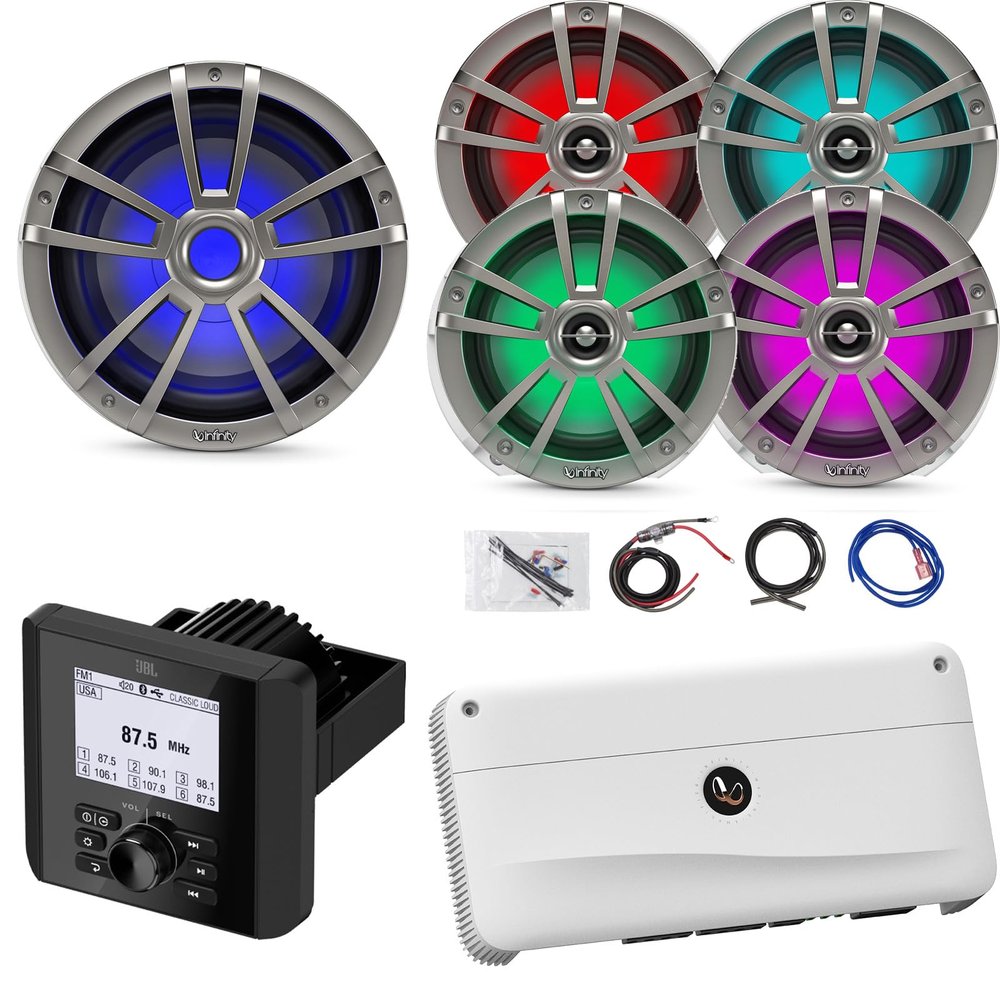 Bluetooth Radio Multi-Element Digital Media Marine Audio Receiver, 4X 6.5 225 Watt Waterproof Boat Titanium RGB LED Coaxial Speakers, 10" Multi-Element RGB LED Titanium Subwoofer, 5-Channel Amp W/Kit