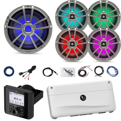 Bluetooth Digital Media Marine Audio Receiver, 4X 6.5 225W Waterproof Boat RGB LED Coaxial Titanium Speakers, 10" RGB LED Titanium Subwoofer, 5 Channel Amp W/Kit, Antenna, USB/AUX Adapter, Wire