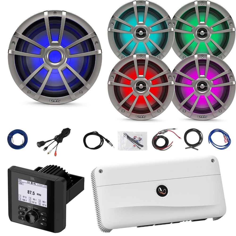 Bluetooth Digital Media Marine Audio Receiver, 4X 6.5 225W Waterproof Boat RGB LED Coaxial Titanium Speakers, 10" RGB LED Titanium Subwoofer, 5 Channel Amp W/Kit, Antenna, USB/AUX Adapter, Wire