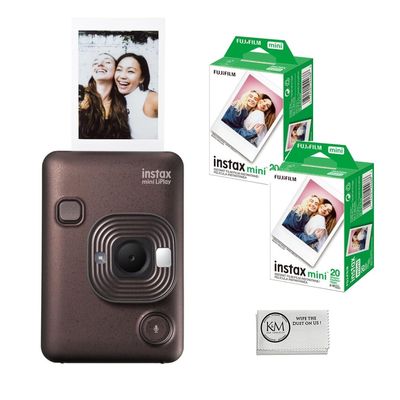 FUJIFILM INSTAX Mini LiPlay Instant Camera | Bronze Bundled with INSTAX Mini Instant Film | 40 Exposures + Cleaning Cloth (4 Items)