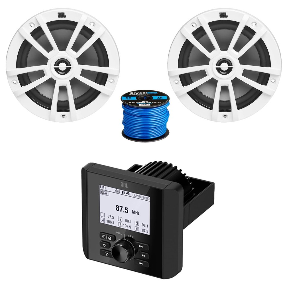 Bluetooth AM/FM Radio IP66 Multi-Element Digital Media Marine Audio Receiver Bundle Combo with 1 Pair (Qty 2) of 6.5" 180 Watts Peak Power 2-Way Multi-Element Boat White Speakers, Speaker Wire
