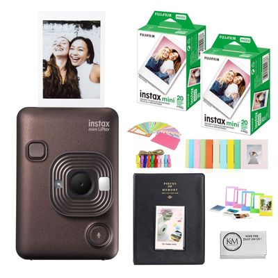 Fujifilm Instax Mini LiPlay Instant Camera | Bronze, Bundled with Instax Mini Instant Film | 40 Exposures + Album, Borders, Stickers & Clips + Cleaning Cloth (4 Items)