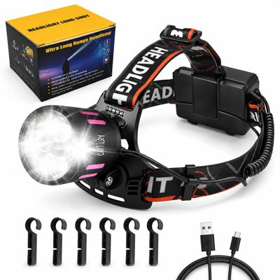 LED Rechargeable Super Bright Headlamp, High Lumens Long Lasting Headlamp