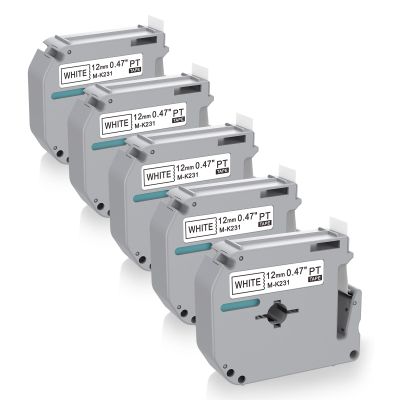 5 x Label Maker Tape Replacement for Brother P Touch M Tape M-K231 M-K231s MK231 MK-231 M231 12mm 0.47 White, Compatible with Brother P Touch PT-M95,PT-90,PT-70,PT-65,PT-85 Label Maker Refills,26.2 Ft