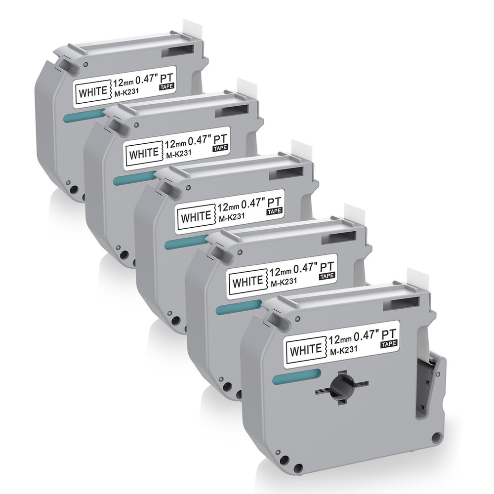 5 x Label Maker Tape Replacement for Brother P Touch M Tape M-K231 M-K231s MK231 MK-231 M231 12mm 0.47 White, Compatible with Brother P Touch PT-M95,PT-90,PT-70,PT-65,PT-85 Label Maker Refills,26.2 Ft