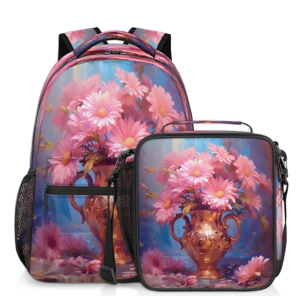 Backpack with Lunch Box Daisy Vase Travel Backpack Bookbag & Lunch Bag Insulated Lunchbox Waterproof Daypack Laptop Backpack Freezable Lunch Bag