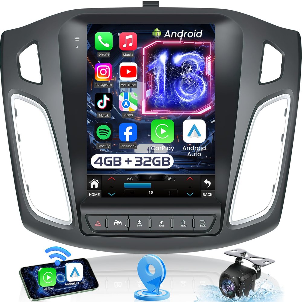 Car Radio for Ford Focus 2012-2018 : 8 Core 4G+32G Upgrade 9.7" 1024x768 IPS Touchscreen, Android 13 Stereo Support Wireless Carplay & Android Auto, 5GWiFi GPS FM RDS BT SWC Mic 1080P Backup Camera