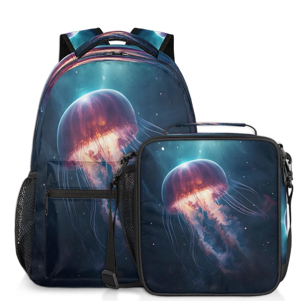 Backpack with Lunch Box Galaxy Jellyfish Travel Backpack Bookbag & Lunch Bag Insulated Lunchbox Waterproof Daypack Laptop Backpack Freezable Lunch Bag