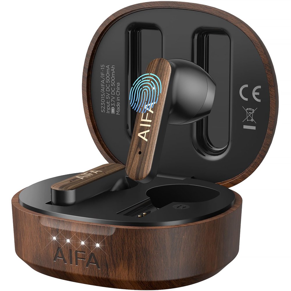 AIFA Wireless Earbuds, in-Ear Bluetooth Earbuds with Microphone, 35 Hours Playback for Everyday/Gaming/Office, Walnut Wood