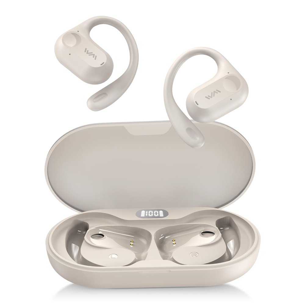 Open Ear Headphones,Wireless Bluetooth 5.3 Air Conduction Open Earbuds,Comfort & Secure Fit ,Powerful Bass,Clear Calls,30H Playback,Light Weight Sports Headsets with Ear-Hook for Workout,Running,Beige