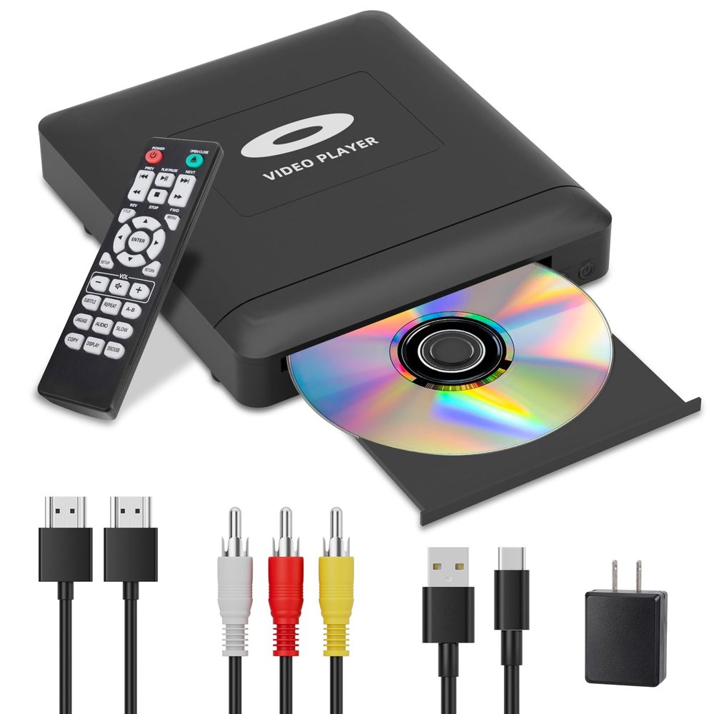 Mini HD DVD Player with Hdmi, Multi Region DVD Player for Smart TV, HDMI/RCA Output Cable Included, 1080P, Breakpoint Memory, Built-in PAL/NTSC, CD Players for Home