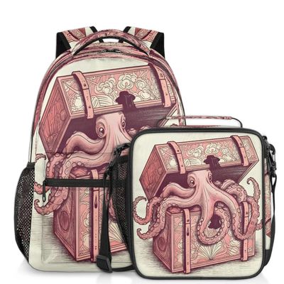 Backpack with Lunch Box Treasure Chest Octopus Travel Backpack Bookbag & Lunch Bag Insulated Lunchbox Waterproof Daypack Laptop Backpack Freezable Lunch Bag