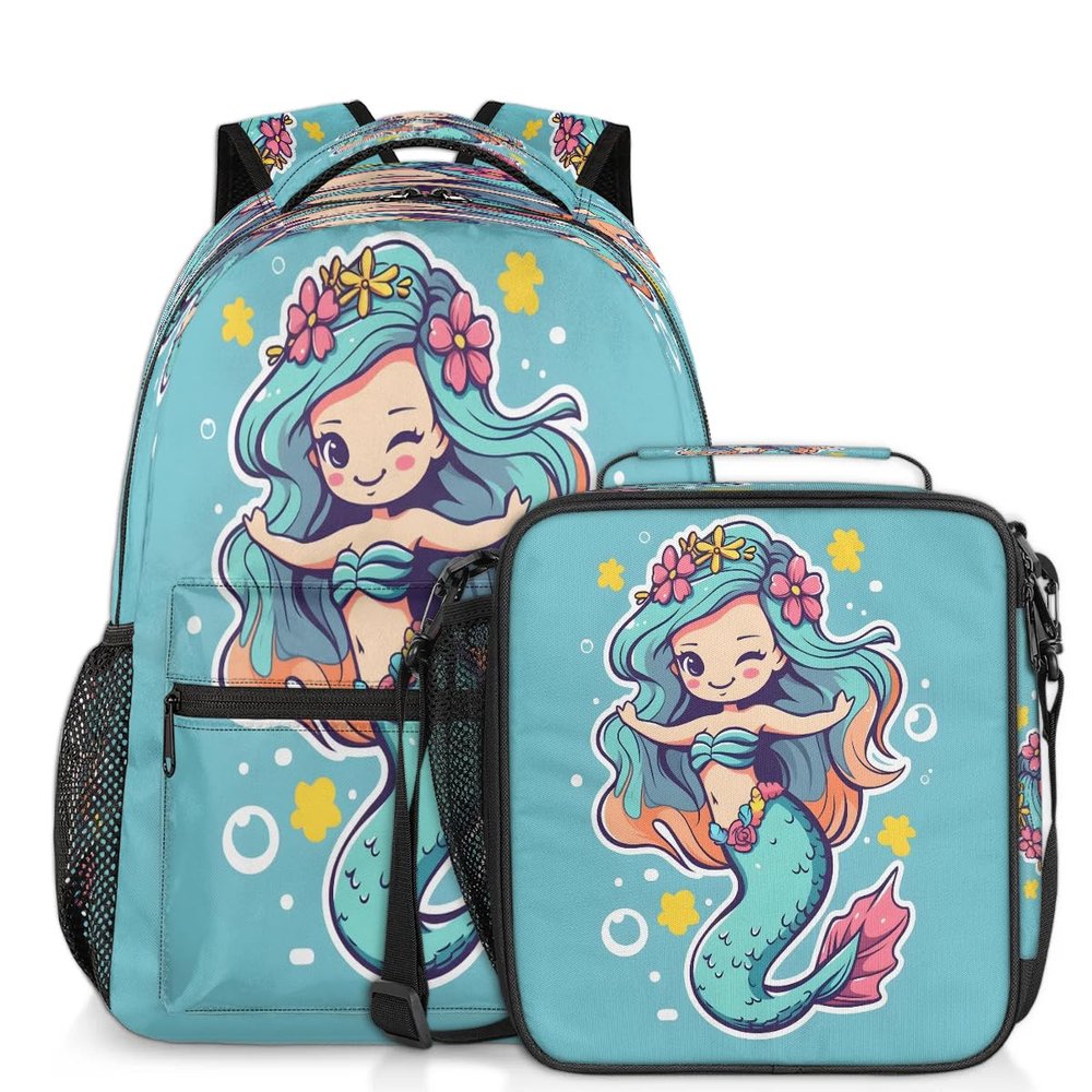 Backpack with Lunch Box Funny Mermaid Travel Backpack Bookbag & Lunch Bag Insulated Lunchbox Waterproof Daypack Laptop Backpack Freezable Lunch Bag
