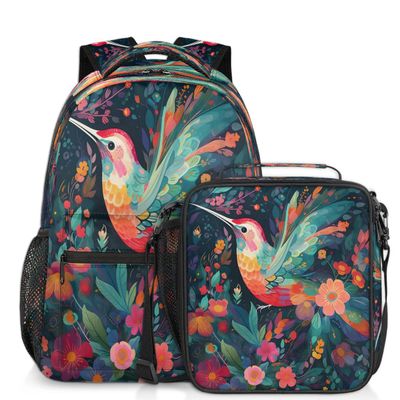 Backpack with Lunch Box Colorful Floral Hummingbird Travel Backpack Bookbag & Lunch Bag Insulated Lunchbox Waterproof Daypack Laptop Backpack