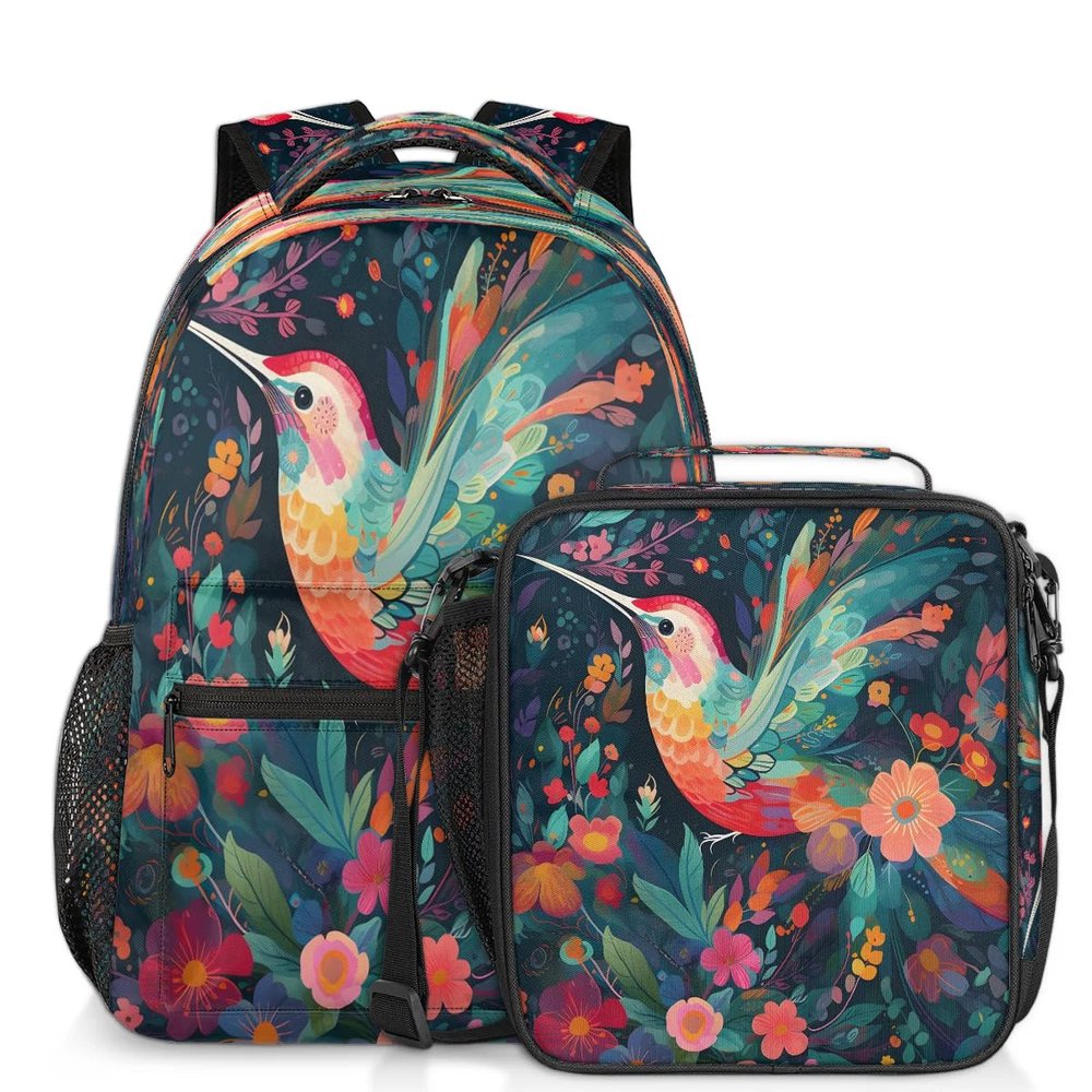 Backpack with Lunch Box Colorful Floral Hummingbird Travel Backpack Bookbag & Lunch Bag Insulated Lunchbox Waterproof Daypack Laptop Backpack