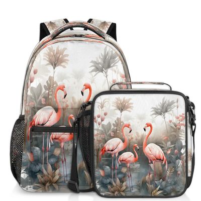 Backpack with Lunch Box Wild Flamingo Travel Backpack Bookbag & Lunch Bag Insulated Lunchbox Waterproof Daypack Laptop Backpack