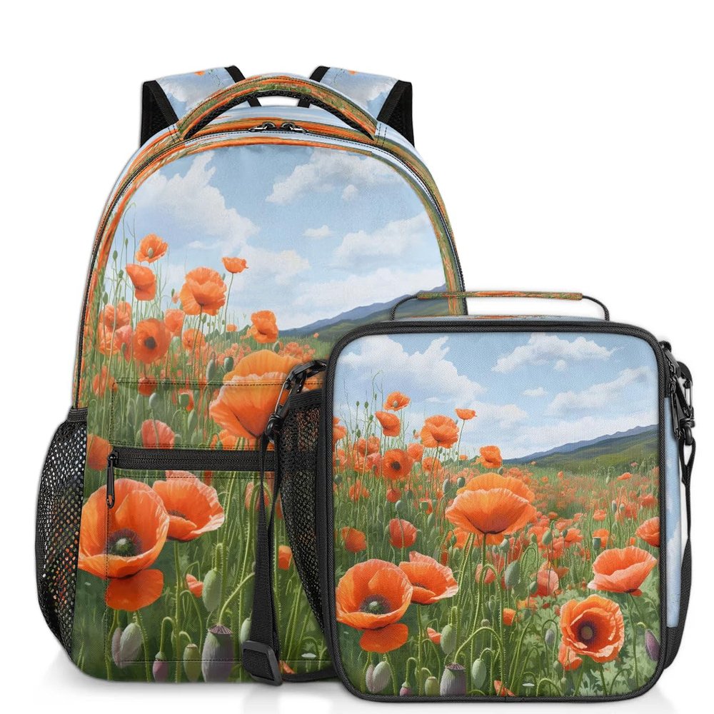 Backpack with Lunch Box Wildflowers Travel Backpack Bookbag & Lunch Bag Insulated Lunchbox Waterproof Daypack Laptop Backpack