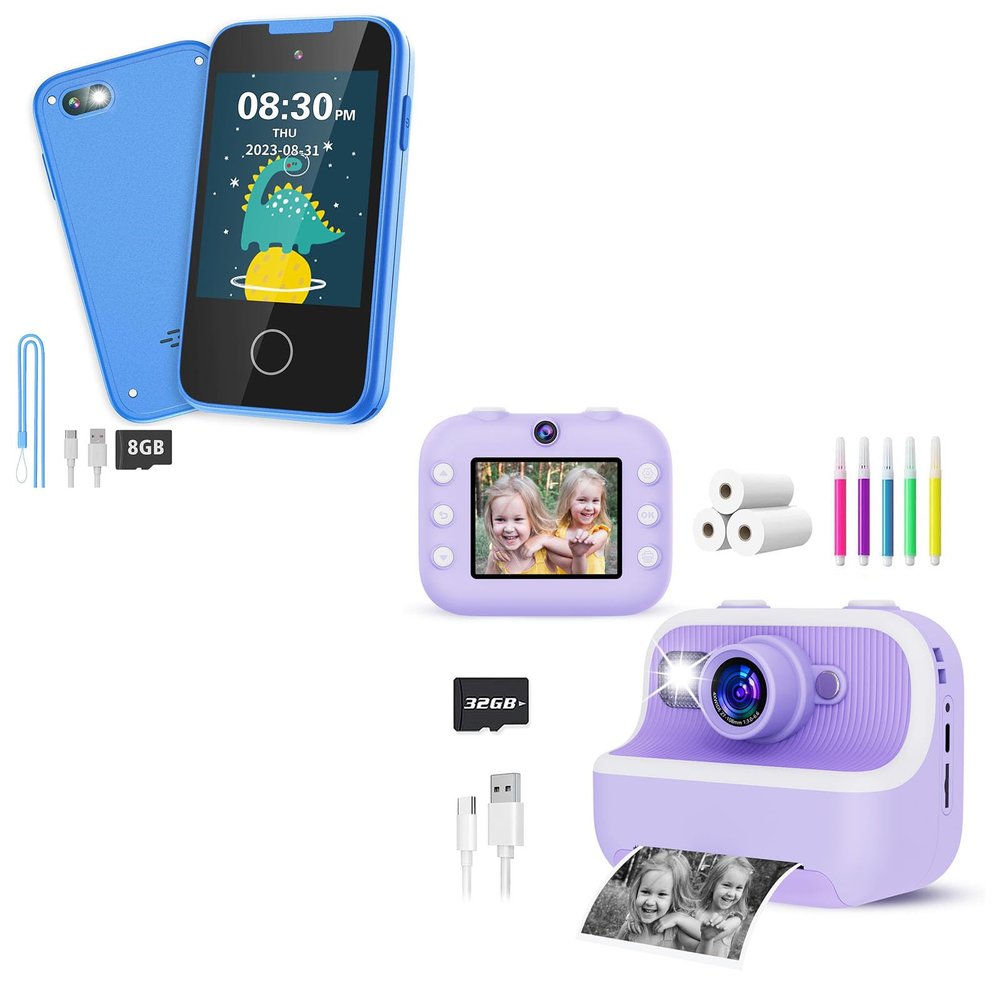 Purple Kids Instant Print Camera and Blue Kids Phone Dual Camera Christmas Birthday Gifts for Girls Boys