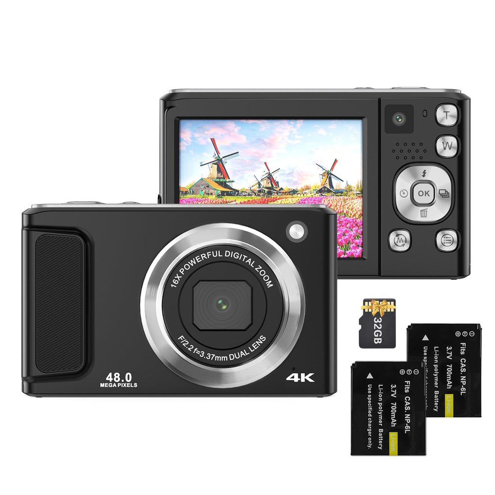 Andoer 4K Digital Camera Digital Video Camera 48MP Dual Lens 2.8 Inch IPS Screen Auto Focus 16X Digital Zoom Built-in Flash with 32GB TF Card 2pcs Batteries Birthday Festival for Kids Student Teenager
