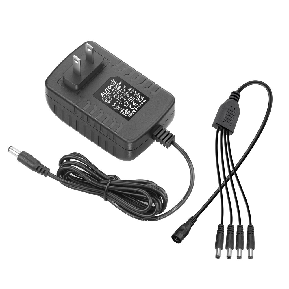 ALITOVE Security Camera Power Supply Adpter 12V 2A with 4 Way Power Splitter Cable 5.5x2.1mm, 100-240V 50-60Hz AC to DC Converter for Analog AHD CCTV DVR Surveillance System/LED Strip Lights