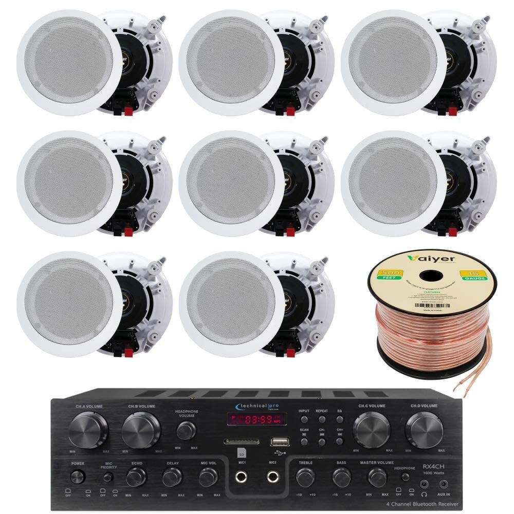 Home Theater System Kit, 4 Channel 1000 Watts Bluetooth Receiver with 5.25" 8 Qty of 175W in-Wall in-Ceiling Speakers & 16 Gauge 500 ft. Spool of Speaker Zip Wire by Vaiyer