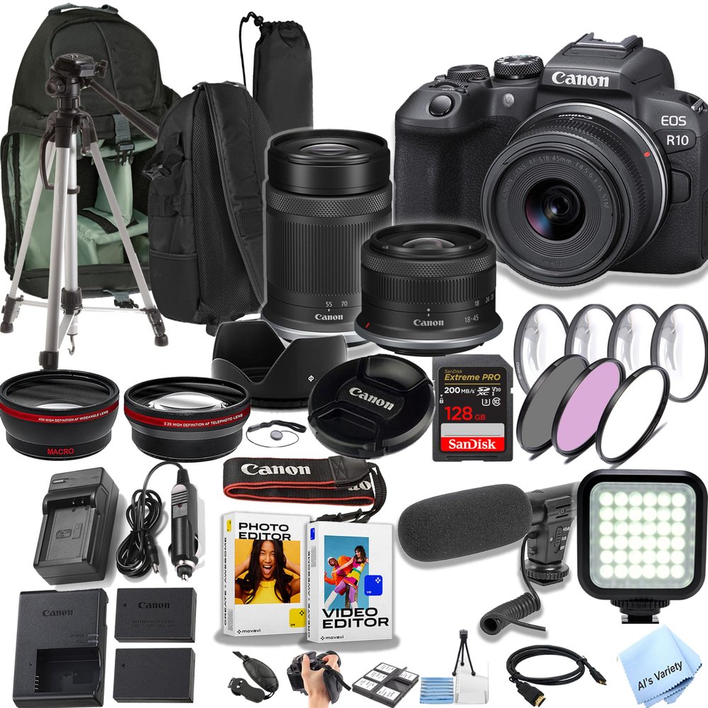 Canon EOS R10 24.2MP APS-C CMOS Sensor Mirrorless Camera with 18-45mm and 55-210mm Lense+ Sling Backpack + 128GB Memory Card + Video Light + Microphone + More (Pro Video Bundle) (Renewed), Black
