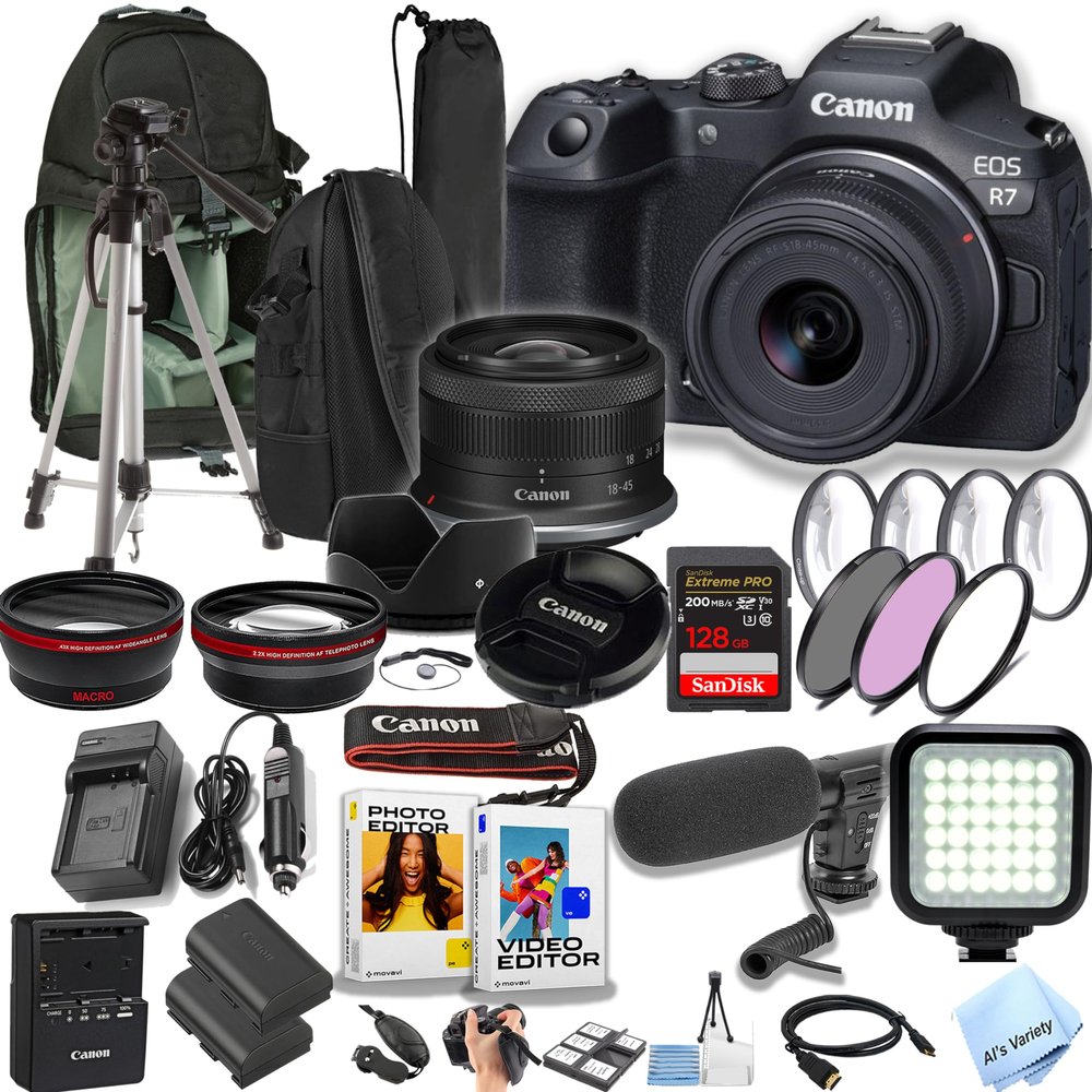 Canon EOS R7 32.5MP Dual Pixel CMOS AF II Mirrorless Camera with 18-45mm Lens + Sling Backpack + 128GB Extreme Speed Memory Card + Video Light + Microphone + More (Pro Video Bundle) (Renewed)