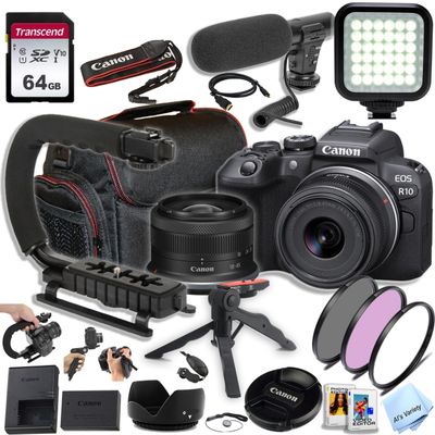 Canon EOS R10 24.2MP APS-C CMOS Sensor Mirrorless Camera with 18-45mm Lens, 64GB Memory, Video Light, Microphone, Filters, U-Grip, Case, Software and More (Vlogger Bundle) (Renewed)