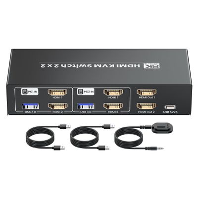 8K60Hz HDMI KVM Switch 2 Monitors 2 Computers, 4K120Hz USB 3.0 Dual Monitor HDMI KVM Switcher 2 in 2 Out for 2 PC Share Two Monitors and Keyboard Mouse Printers and More