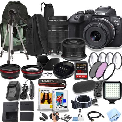 Canon EOS R10 24.2MP APS-C CMOS Sensor Mirrorless Camera with 18-45mm and 75-300mm Lense+ Sling Backpack + 128GB Memory Card + Video Light + Microphone + More (Pro Video Bundle) (Renewed)