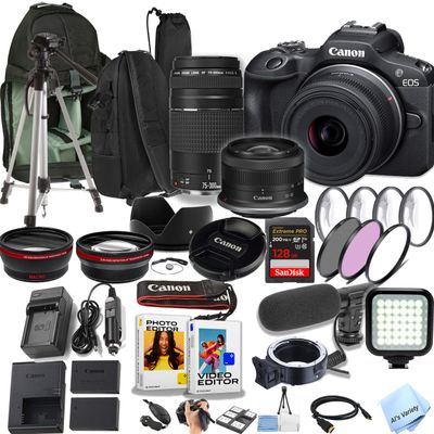 Canon EOS R100 24.2MP APS-C CMOS Sensor Mirrorless Camera with 18-45mm and 75-300mm Lense+ Sling Backpack + 128GB Memory Card + Video Light + Microphone + More (Pro Video Bundle) (Renewed)
