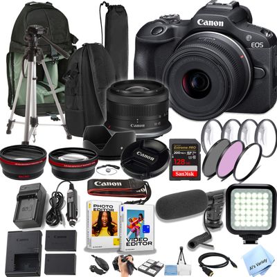 Canon EOS R100 24.2MP APS-C CMOS Sensor Mirrorless Camera with 18-45mm Lens + Sling Backpack + 128GB Extreme Speed Memory Card + Video Light + Microphone + More (Pro Video Bundle) (Renewed), Black