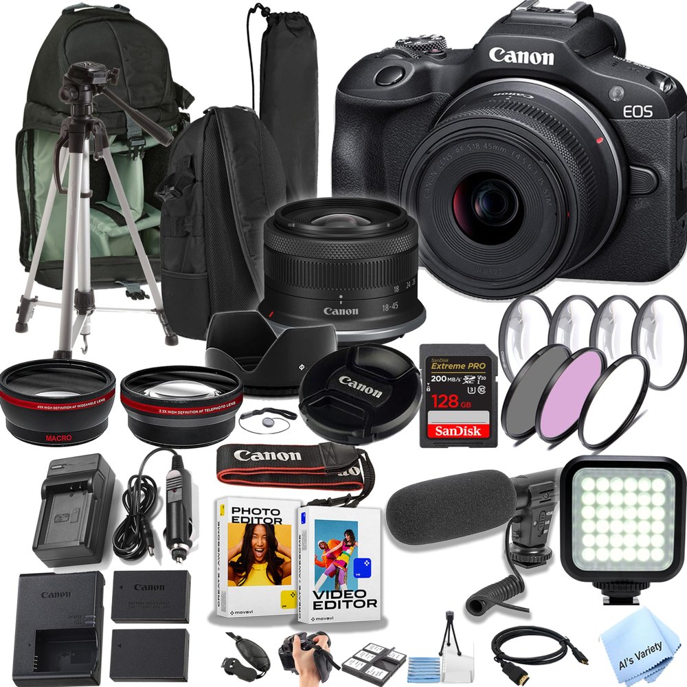 Canon EOS R100 24.2MP APS-C CMOS Sensor Mirrorless Camera with 18-45mm Lens + Sling Backpack + 128GB Extreme Speed Memory Card + Video Light + Microphone + More (Pro Video Bundle) (Renewed), Black