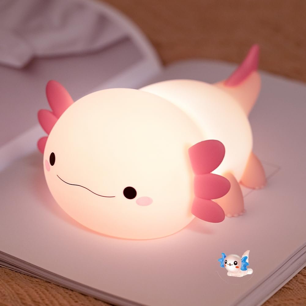 Cute Axolotl Night Light for Kids Bedroom, Animal Silicone Nursery Night Lamp Touch Control Nightlights USB Rechargeable Bedside Lamp for Baby Children Toddlers Girls Gift (Pink Axolotl+1)