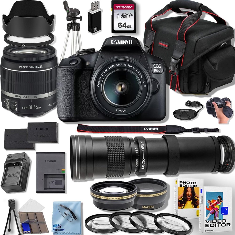 CANON EOS 2000D/Rebel T7 DSLR Camera with EF-S 18-55MM F/3.5-5.6 IS II+420-800mm f/8.3 HD Telephoto Zoom Lenses with T Mount+50'' Tripod+Deluxe Accessory Bundle (Renewed)