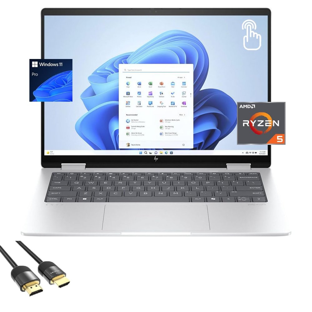 HP Envy 2-in-1 Laptop, 14" WUXGA IPS Touchscreen Display, Ryzen 5 8640HS (Up to 4.9Hz), 16GB DDR5, 2TB PCIe 4.0, Backlit KB, WiFi 6E, USB-C, BT, HDMI, Long Battery Life, PDG HDMI Cable, Win 11 Pro