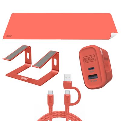 BLACK+DECKER Laptop Stand, Desk Mat, Combo Cable, 2-Port Wall Charger, Perfect for Home, Office, WFH, Dorm - Coral Rose Red Set